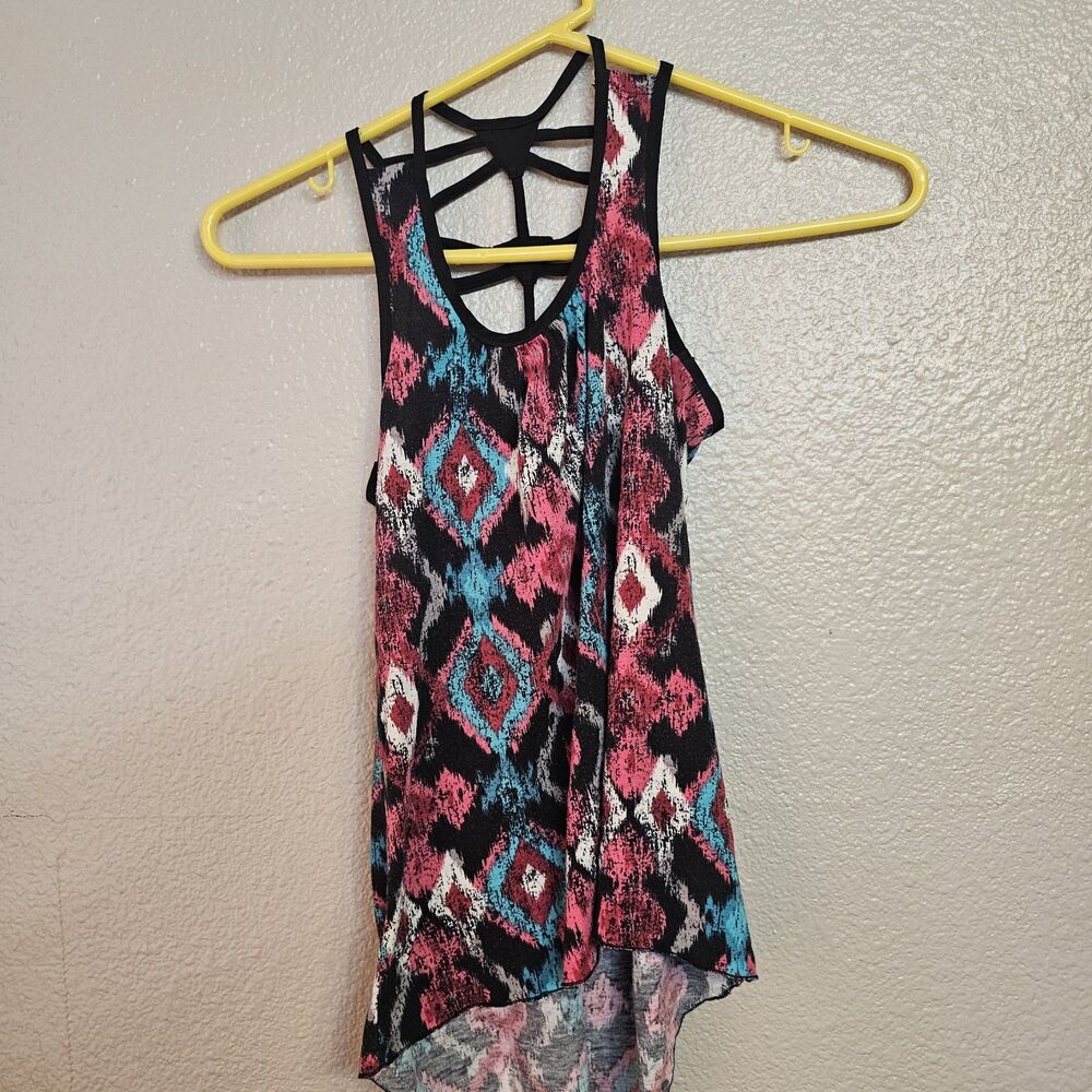 Full Tilt Women Small Tribal Print Racerback Tank Top Cutout Cage Back Boho K600